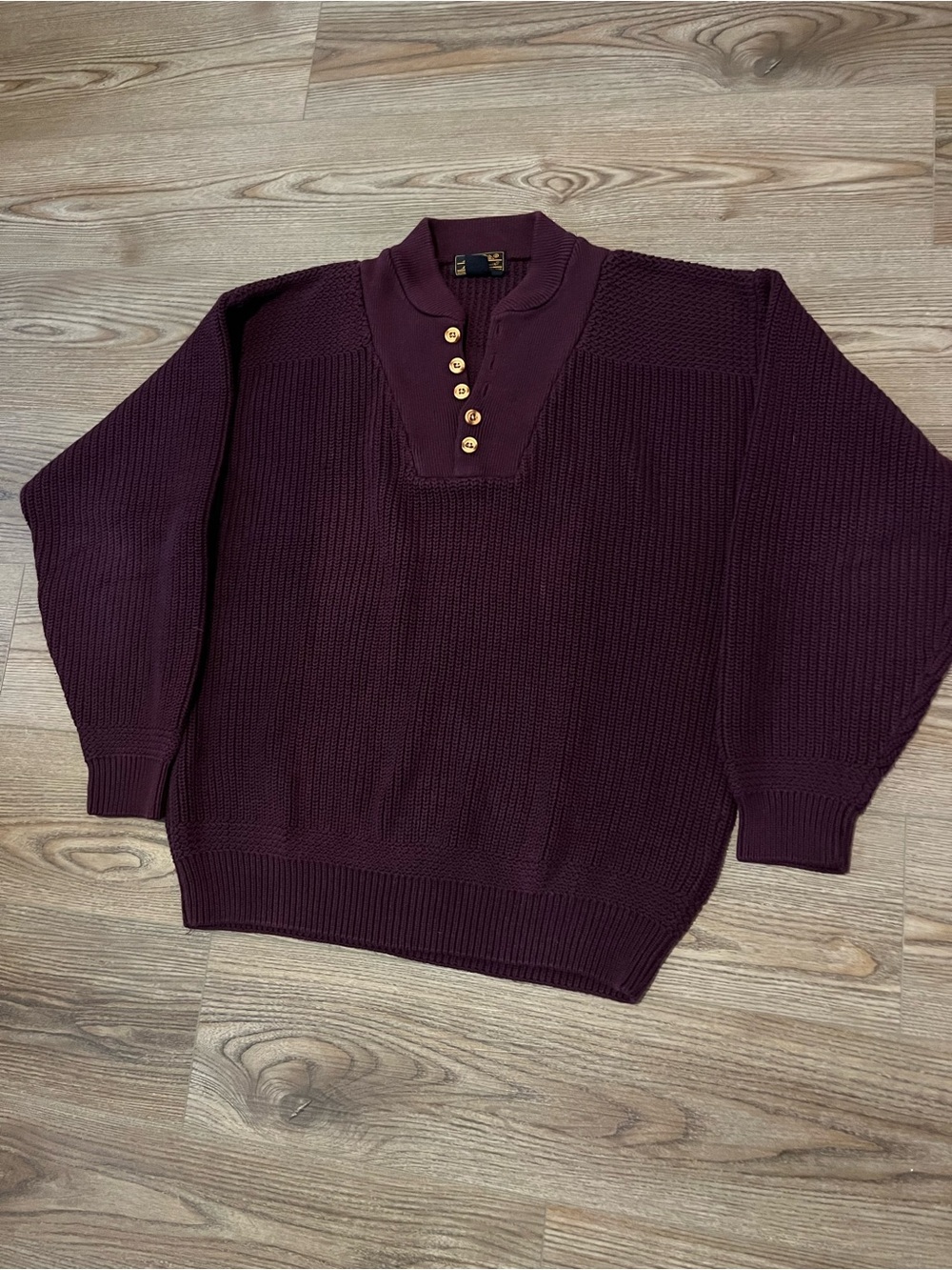 Eddie Bauer Deep Burgundy V-Neck Henley Cotton Sweater with Wood Buttons L
